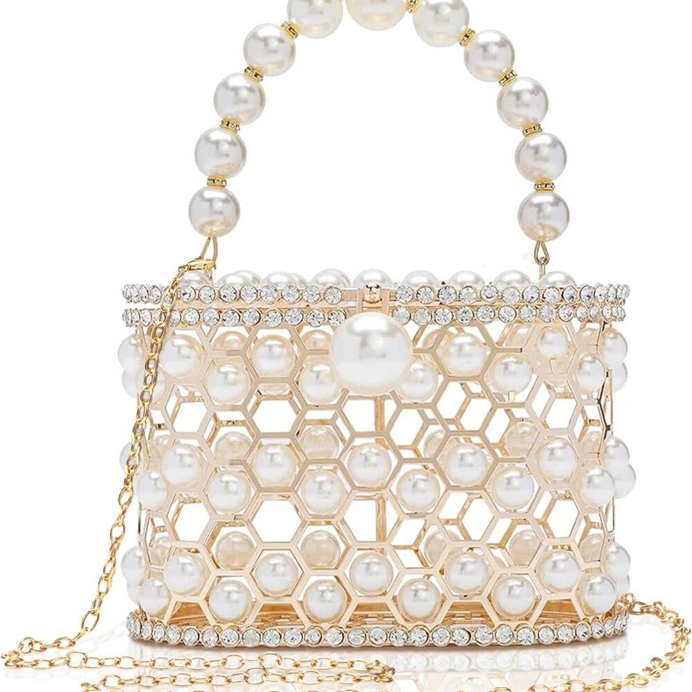 Beaded Pearl Wristlet Handle Clutch Purse for Women with Diamond Wedding Bridal
